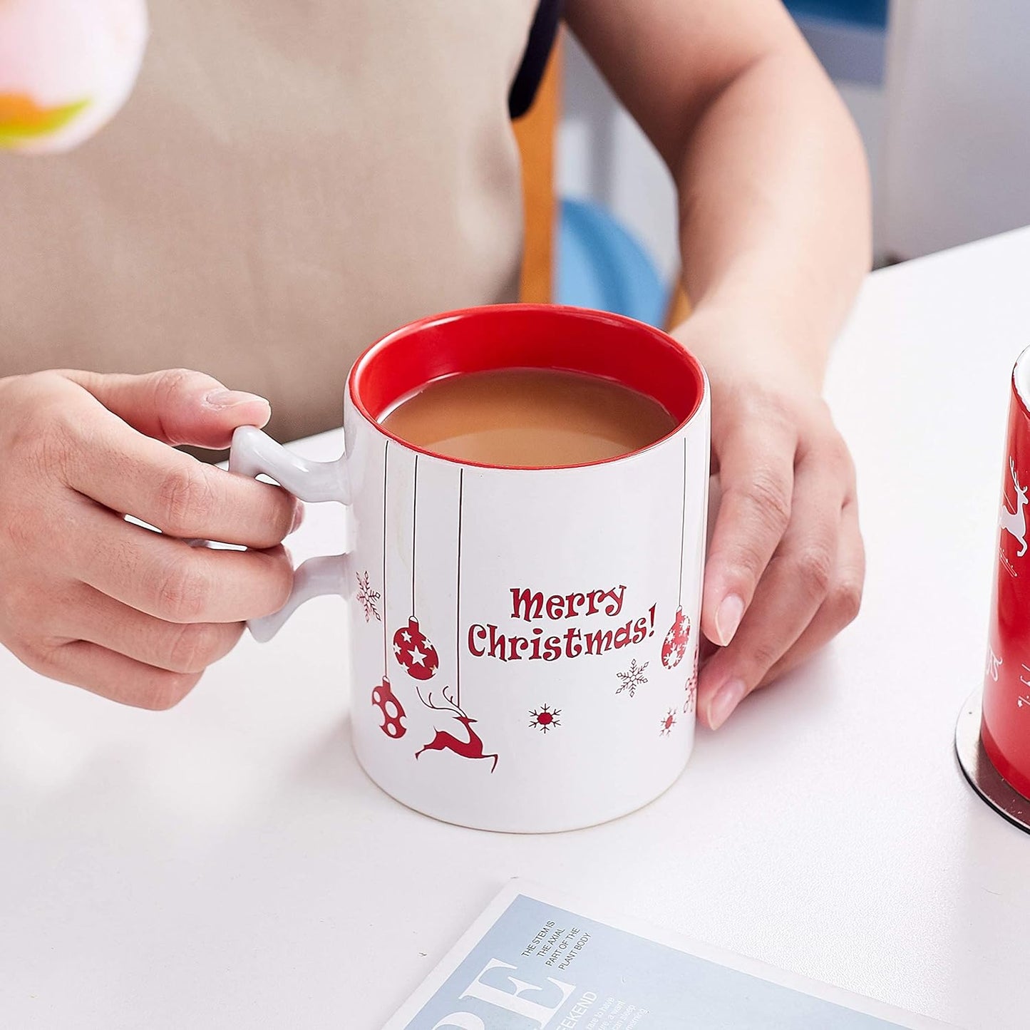 Red & White Christmas Coffee Mugs with Star Handle Set of 6 | Large-Sized Christmas Mugs 14 Ounce New Year Holidays Novelty Christmas Cups - Decorative DIY Christmas Cute Mugs for Hot or Cold