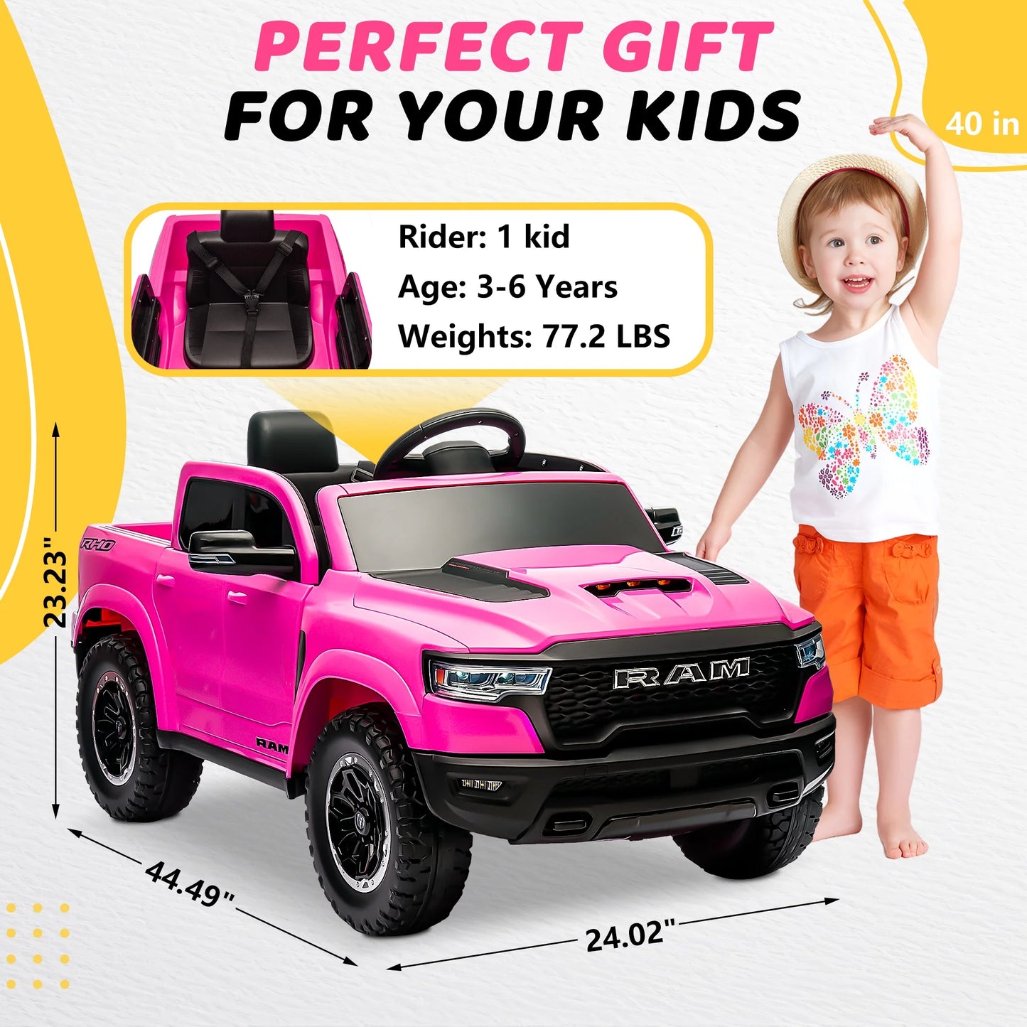 Dodge RAM Ride on Car, 12V Powered Ride on Toy with Remote Control, Rear Wheel Suspension, 5 Point Safety Belt, MP3 Player, Bluetooth, LED Lights, Electric Vehicles for 3-8 Years Boys Girls, Black